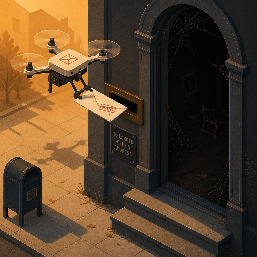 Isometric illustration in a warm amber-and-slate color scheme of a delivery drone dropping a sealed envelope stamped PAID into a mail slot, while the building behind the slot sits dark and empty with cobwebs across the doorway