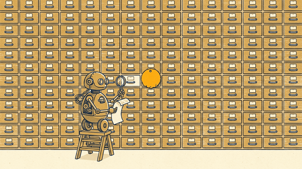 Two-color illustration in ochre and ink-blue of a wall of hundreds of small filing drawers, each with a blank label; a small round robot stands on a wooden step stool with a magnifying glass in one hand and a receipt in the other, inspecting one label, while one drawer nearby carries a round orange tag unlike all the rest