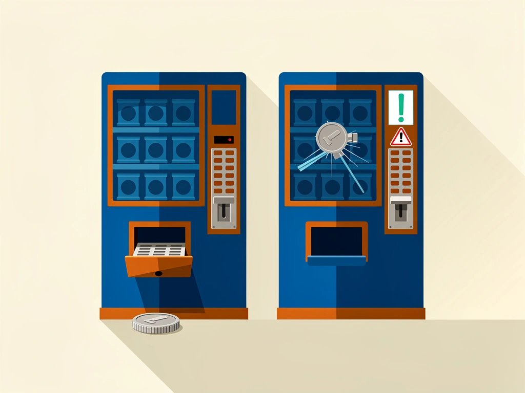 Flat two-color illustration in cobalt blue and burnt orange of two vending machines side by side: the left machine's coin return tray has just popped a coin back out onto the ground; the right machine's coin slot is sealed shut with a coin trapped behind the glass, its small display lit up with a warning icon that does not match any of its own snack buttons