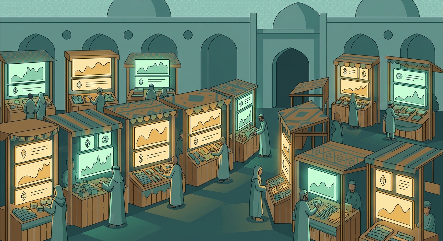 Flat vector illustration of a covered bazaar at dusk, teal and amber palette, market stalls each showing a glowing screen with a different price chart, vendors and shoppers in the aisles