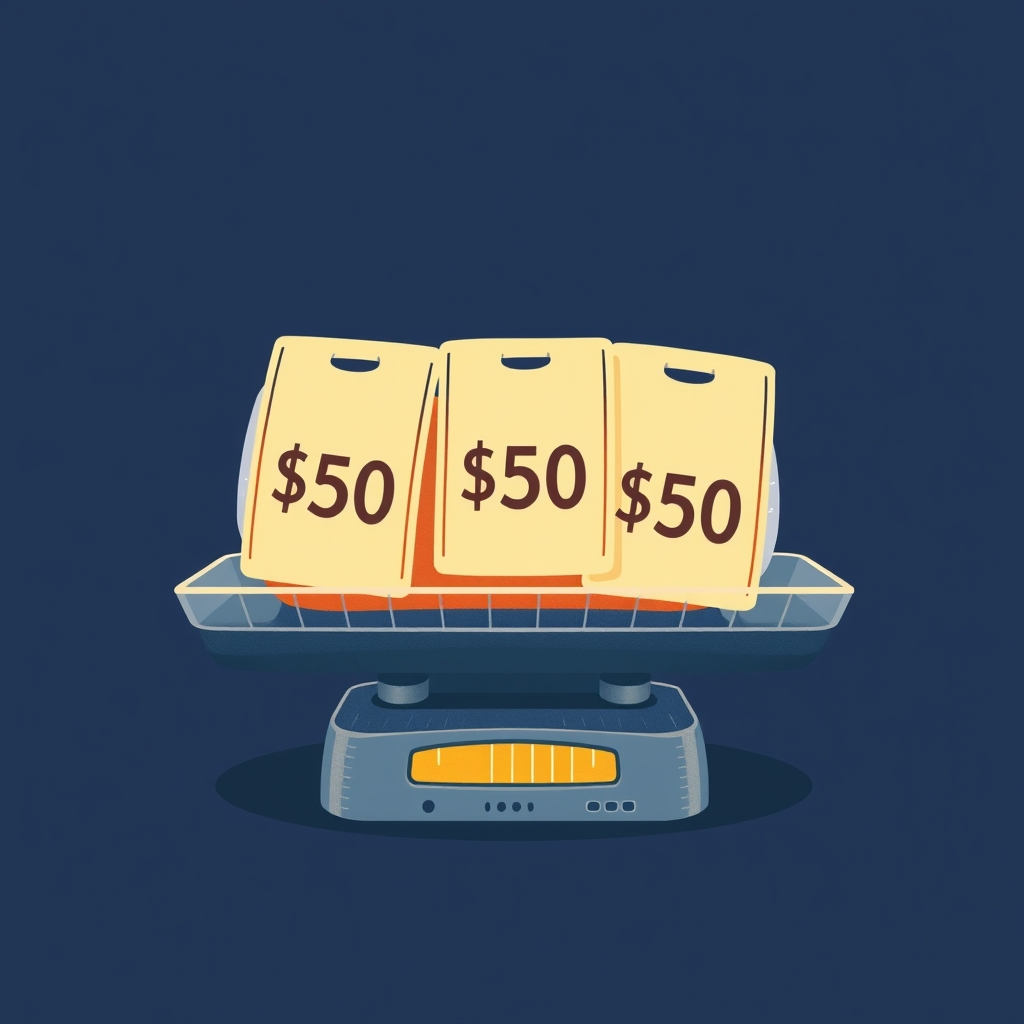 Editorial illustration of a single item on a store scale with three overlapping price stickers showing different amounts, deep indigo and warm gold palette, clean minimalist vector style