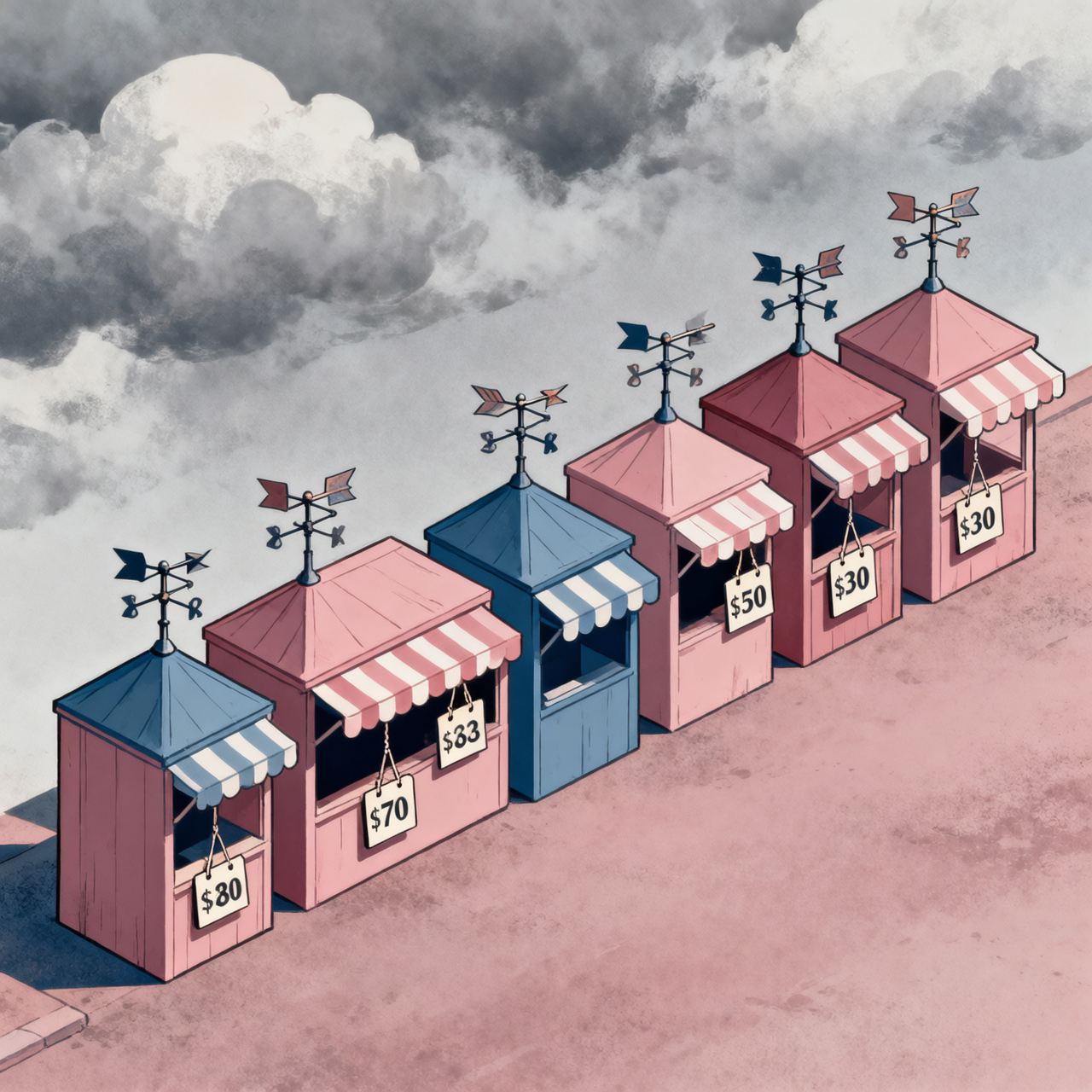 Isometric illustration of seven market stalls in a row, each topped with a weathervane, each stall displaying a different hanging price tag, dusty rose and slate blue palette
