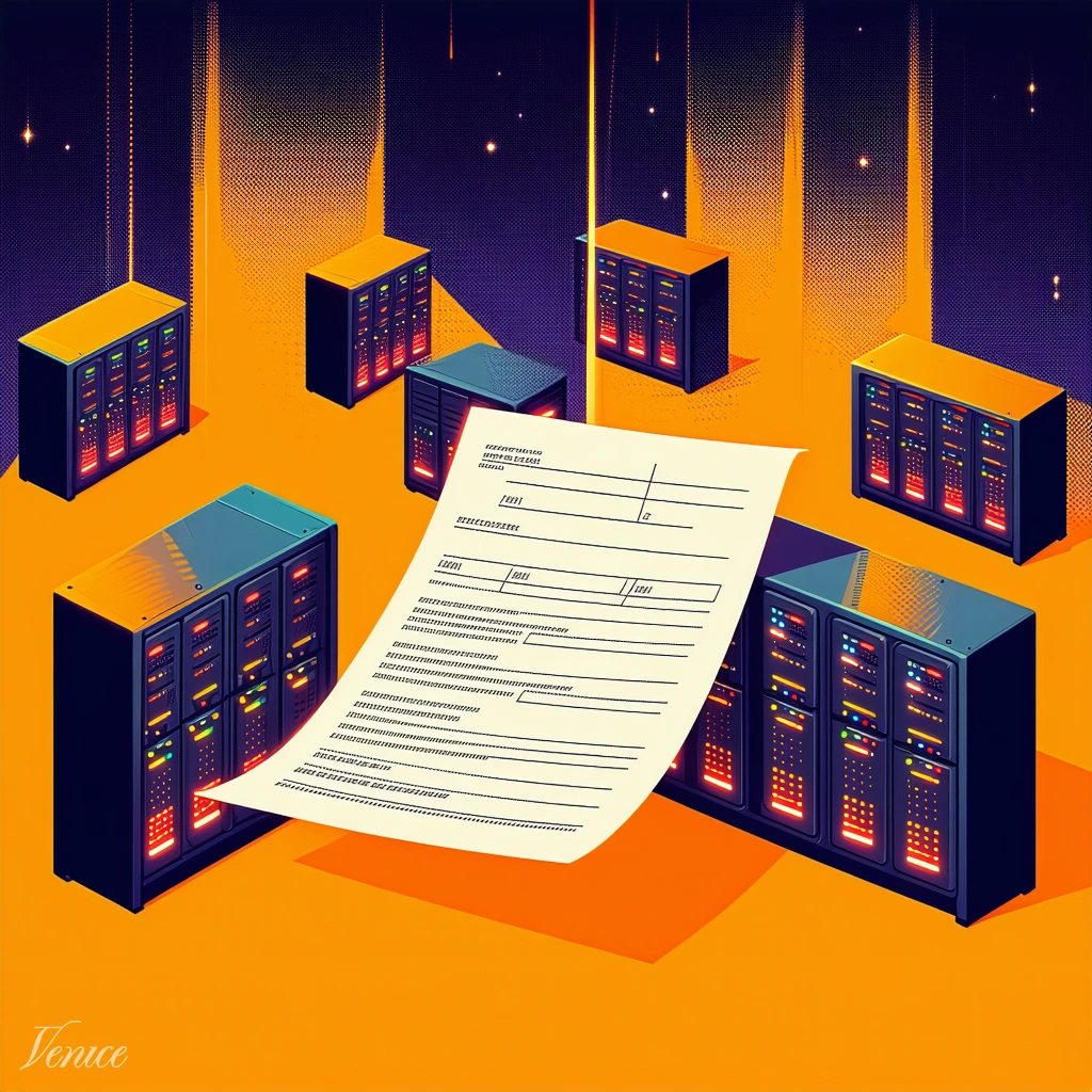 Isometric illustration of a stamped paper receipt floating above six small glowing server racks, amber and teal palette