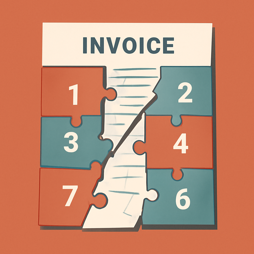Editorial illustration of a single invoice document splitting into seven numbered puzzle pieces, three of them shown cracked, warm terracotta and slate palette, clean minimalist vector style