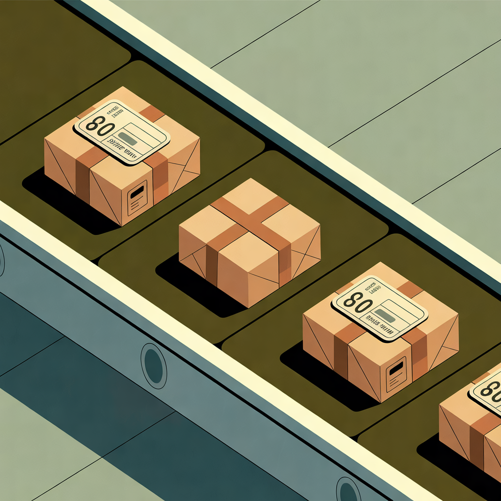 Flat-design illustration of four small parcels on a conveyor belt, two intact and two broken open and empty, with a single price tag stamped across all four