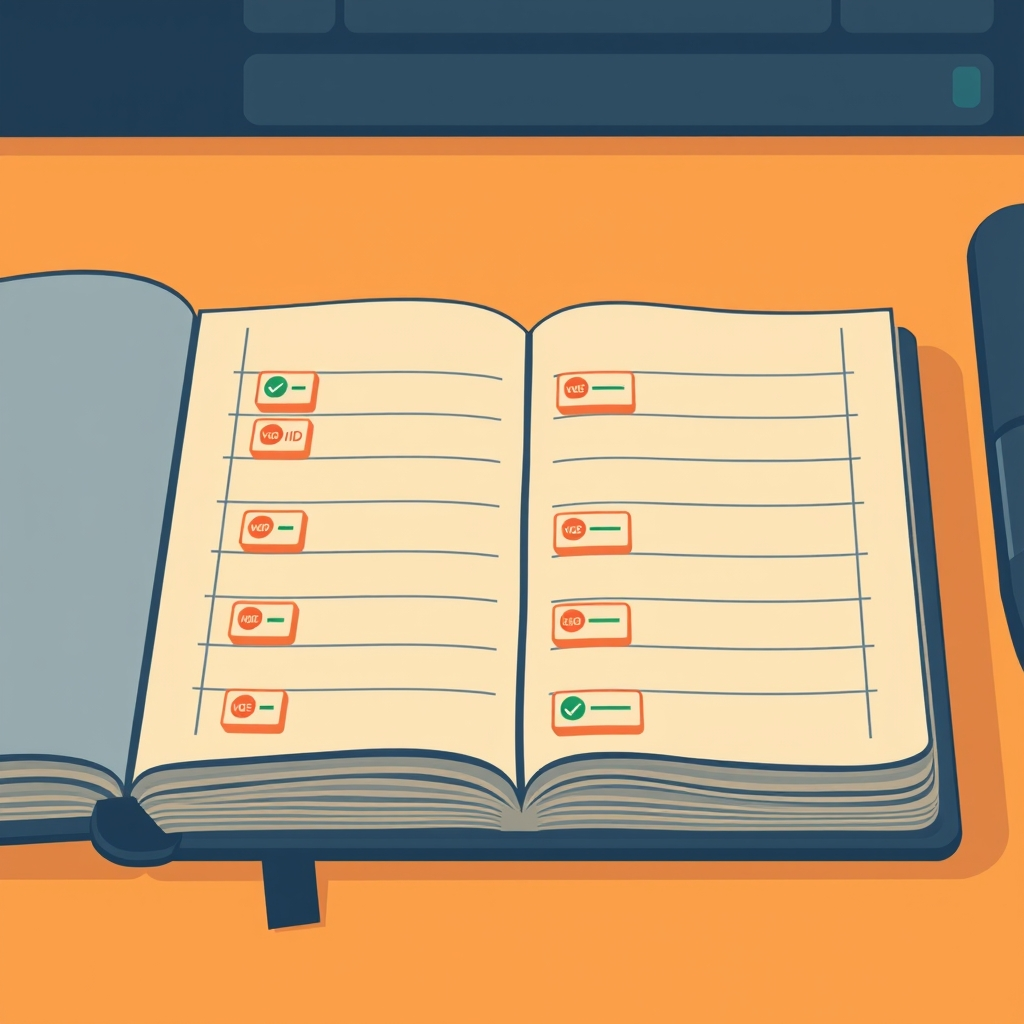 Flat vector illustration of an open directory ledger book with rows of filing tabs, half stamped VOID in red and half stamped CHECK in green, in a muted navy and burnt-orange palette