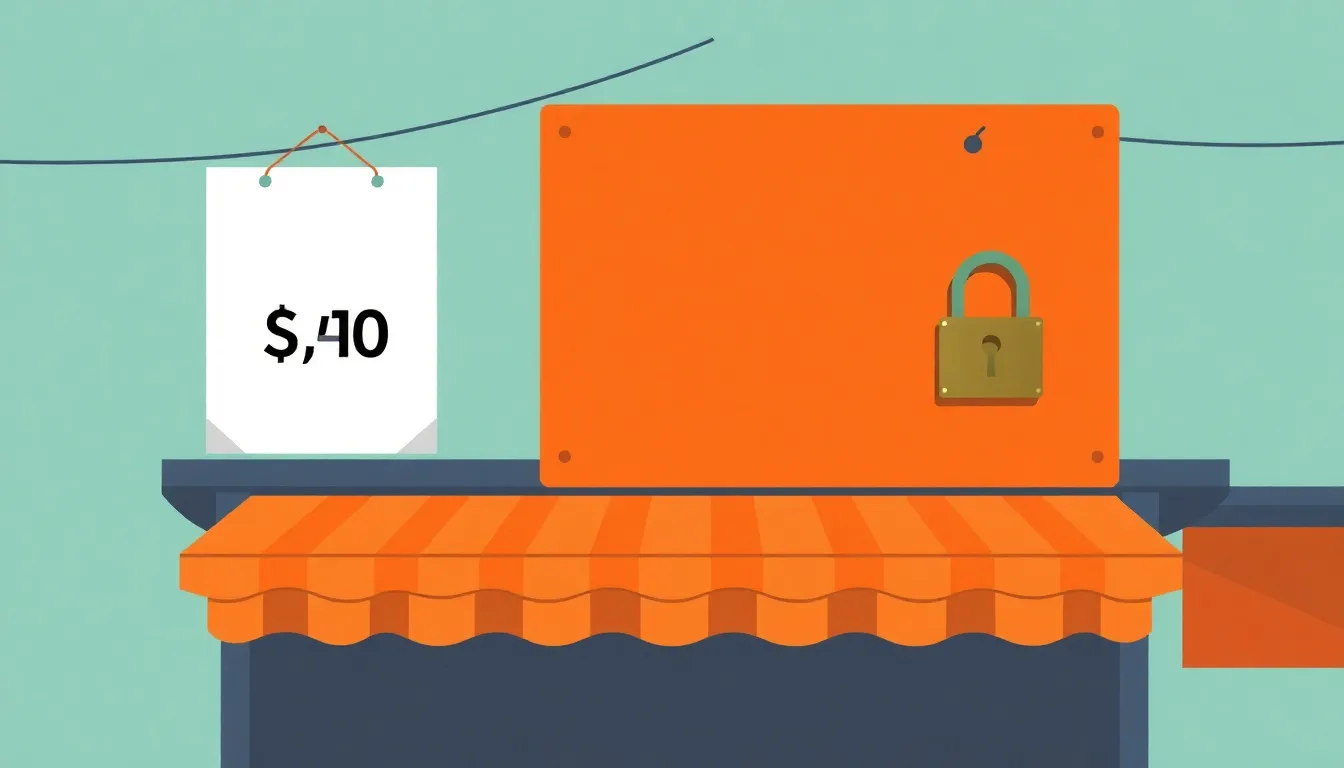 Flat editorial illustration of two signboards above a marketplace stall: one small sign with a crisp, legible price tag, and a much larger sign behind it, blank, sun-faded, with a padlock hanging on it, in a muted teal and rust-orange palette