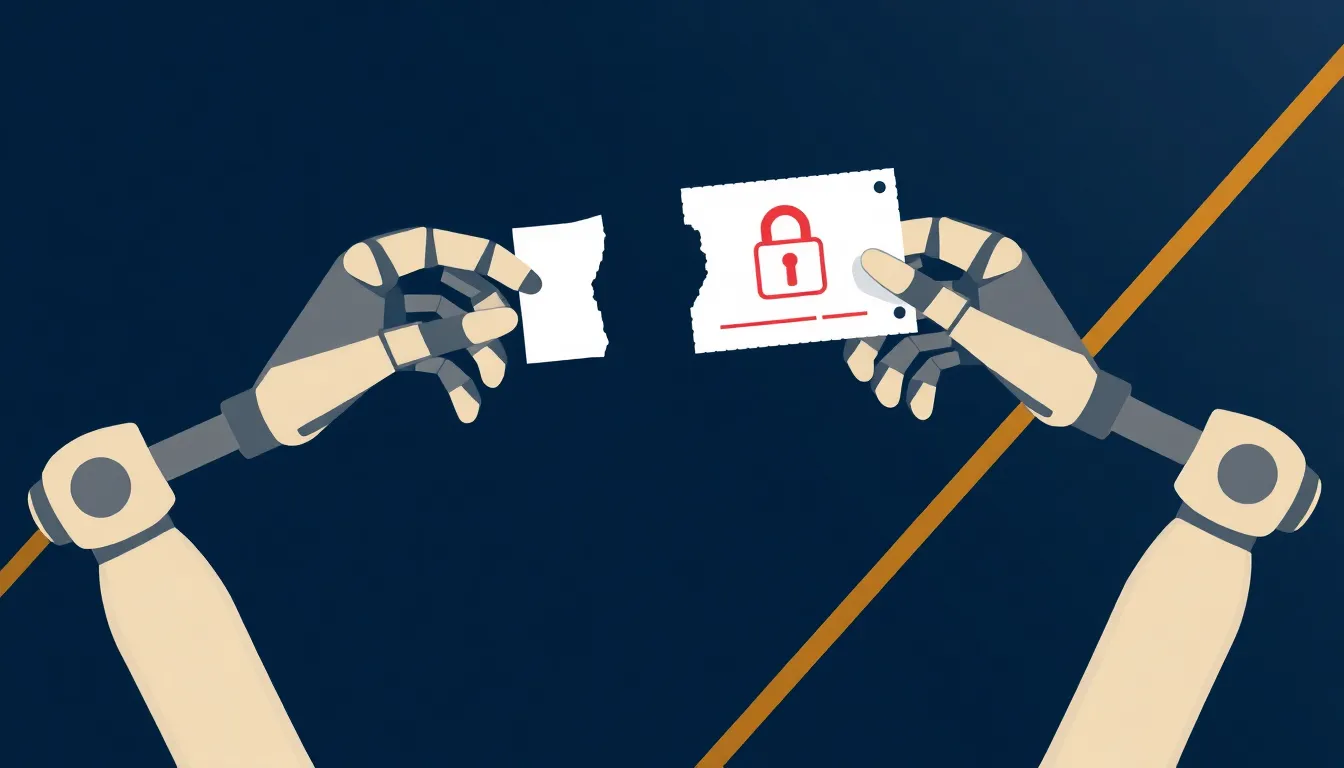 Flat-vector illustration of two robotic hands exchanging a torn paper voucher stamped with a padlock, set against a navy background with gold lines suggesting payment rails