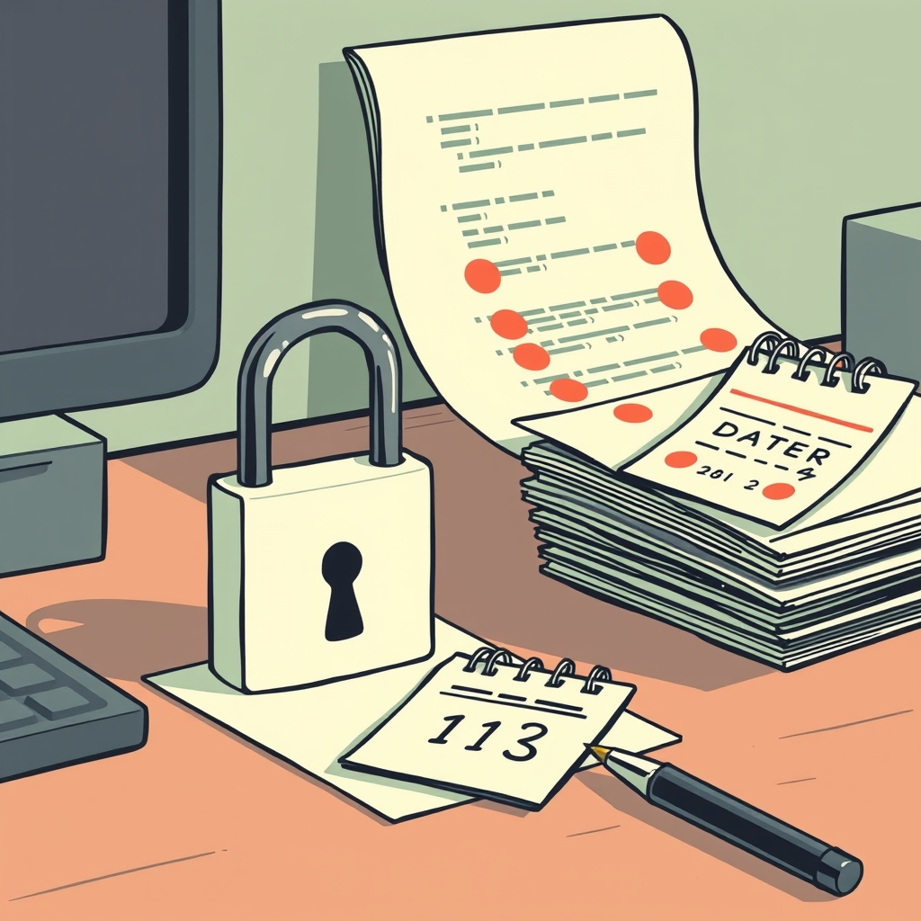Flat vector illustration of a padlock standing wide open on a workbench next to a stack of code-review printouts marked with red circles and a small calendar page, terminal-green ink on cream paper, clean editorial style
