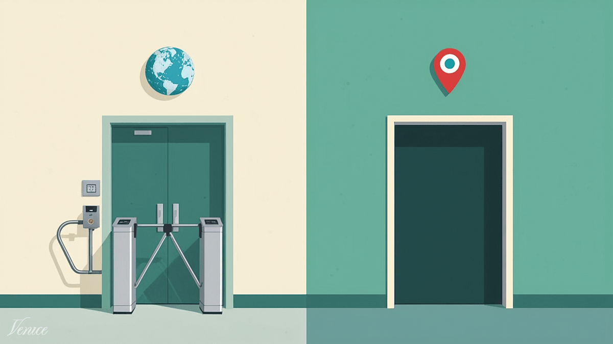 Editorial banner: two doorways into the same building, the left fitted with a coin-operated turnstile and the right standing wide open, a globe and location pin above them