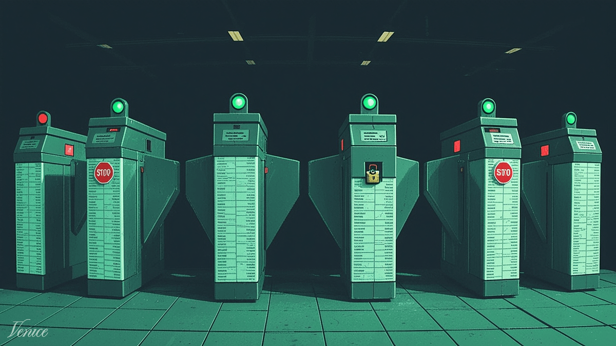 Editorial illustration: four identical turnstile gates in a row, three standing open and unattended with a green light, the fourth alone still shut and padlocked with a red light, the same manufacturer plate visible on all four
