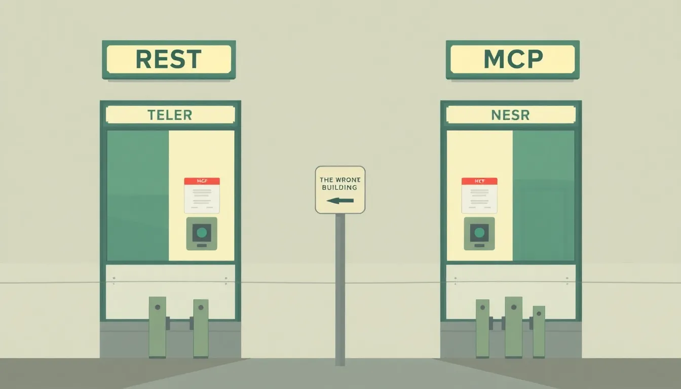 Editorial illustration: two identical service windows side by side, a REST teller window and an MCP teller window, both fitted with the same coin-slot turnstile lowered in front of them, a small mislabeled signpost pointing to the wrong building overhead