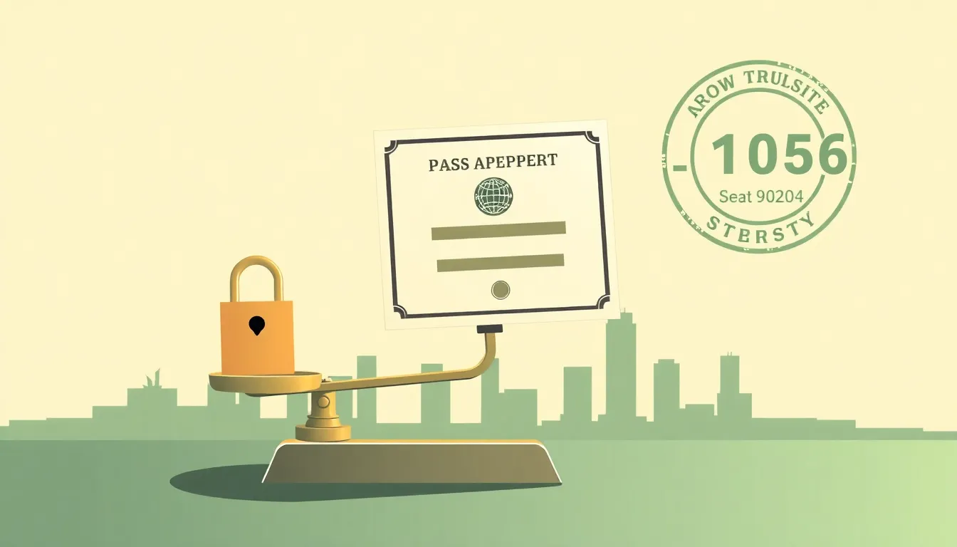 Editorial illustration of a single passport-style domain certificate being weighed on a small brass scale against a padlock and a map pin over a stylized city skyline, a numeric trust score stamped in the corner, muted terminal-green and cream palette, clean minimalist vector style