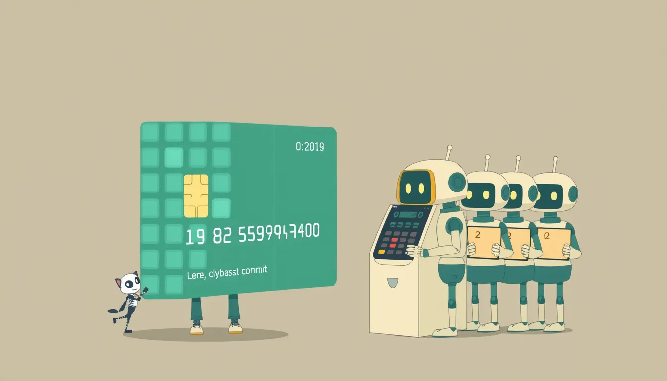 Editorial illustration of a credit card built from a stack of glowing GitHub commit squares, feeding a small robot at a payment terminal, other robots waiting in line behind it holding empty prepaid cards, muted terminal-green and cream palette, clean minimalist vector style