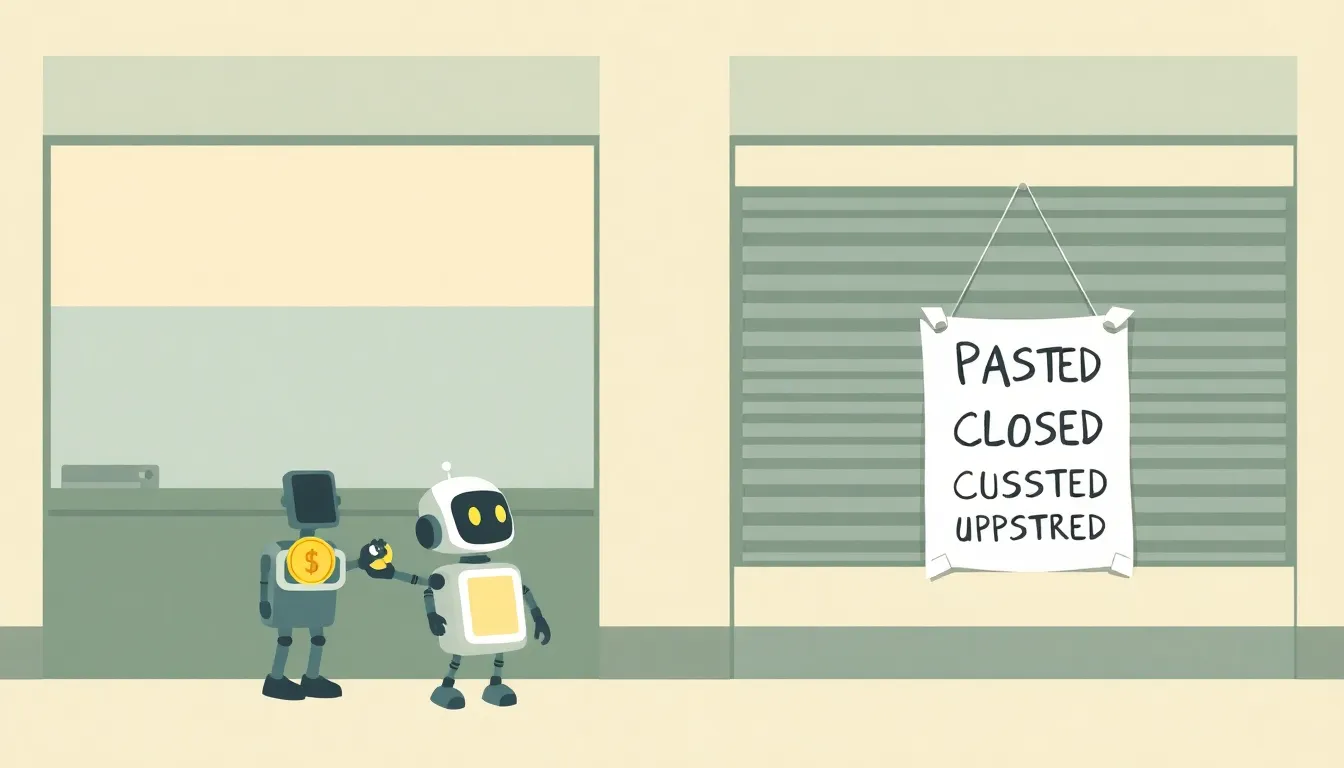 Editorial illustration of a small robot paying at a storefront: one row of counters is open and staffed, cheerfully taking a coin through a clean payment slot; a second row of counters sits shuttered behind a taped-up PAST DUE notice and a hand-written CLOSED sign, muted terminal-green and cream palette, clean minimalist vector style