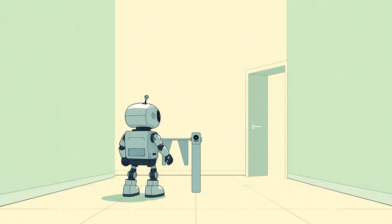 Editorial illustration of a small robot standing at a fork in a hallway: one path is gated by a coin-slot turnstile, a second wide-open unmarked doorway sits right beside it with no barrier at all, terminal-green and cream palette, clean minimalist vector style